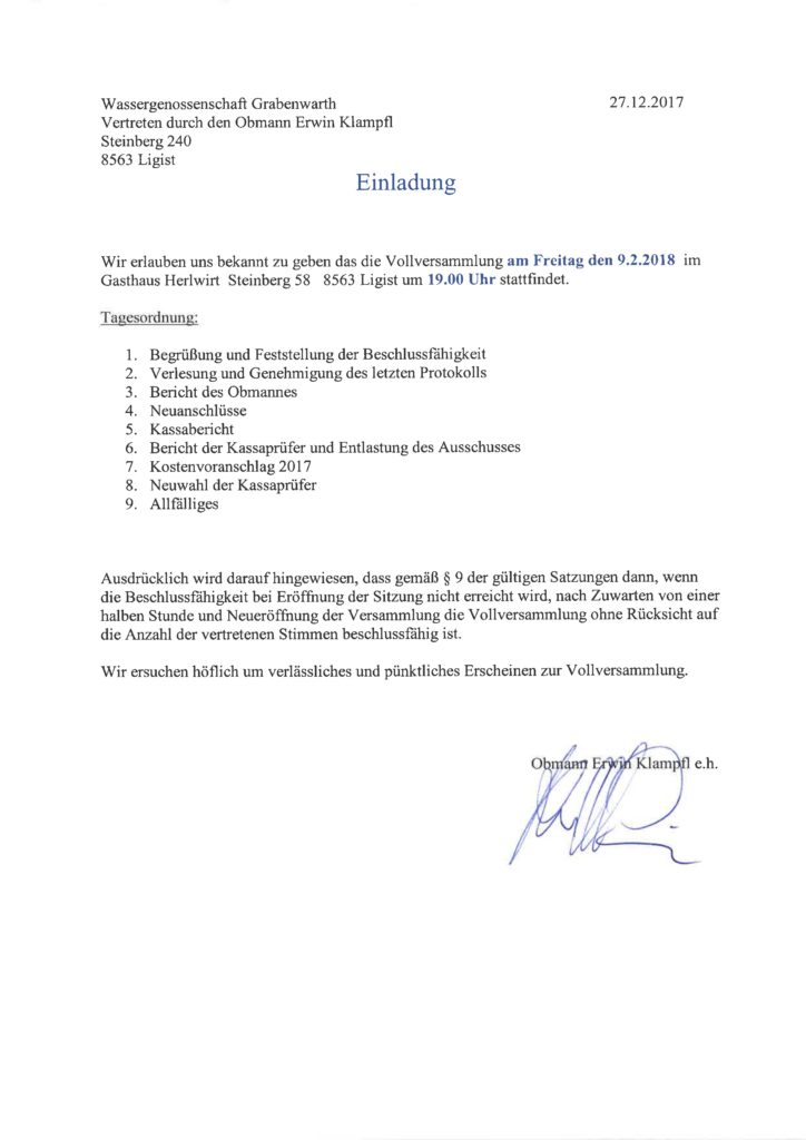 Einladung Vollversammlung WGG 9.2.2018